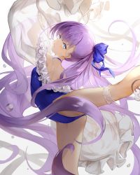 Rule 34 | 1girl, absurdres, arched back, arm up, back, bad id, bad pixiv id, ballet, bare shoulders, blue eyes, blue ribbon, blush, breasts, bridal garter, choker, collarbone, commentary, dampi, dancing, fate/grand order, fate (series), frills, hair ribbon, highleg, highleg swimsuit, highres, leg up, long hair, long sleeves, looking at viewer, meltryllis, meltryllis (fate), meltryllis (swimsuit lancer) (fate), meltryllis (swimsuit lancer) (second ascension) (fate), off-shoulder one-piece swimsuit, off shoulder, one-piece swimsuit, ponytail, puffy sleeves, purple hair, ribbon, sleeves past fingers, sleeves past wrists, small breasts, solo, swimsuit, thighs, very long hair, white background, white ribbon
