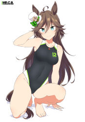 Rule 34 | 1girl, ahoge, animal ears, black one-piece swimsuit, blue eyes, breasts, brown hair, character name, clothes writing, competition swimsuit, covered navel, hat, horse ears, horse girl, horse tail, long hair, looking at viewer, medium breasts, mini hat, mini top hat, mr. c.b. (umamusume), on one knee, one-piece swimsuit, shigino sohuzi, simple background, solo, swimsuit, tail, top hat, umamusume, white background, white hat