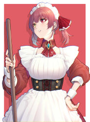 Rule 34 | 1girl, alternate costume, apron, bodice, border, detached collar, enmaided, facing viewer, hand on own hip, heterochromia, highres, holding, hololive, houshou marine, looking away, maid, maid apron, maid headdress, mikan (chipstar182), open mouth, red background, red eyes, red hair, short hair, short twintails, simple background, solo, twintails, virtual youtuber, wrist cuffs, yellow eyes