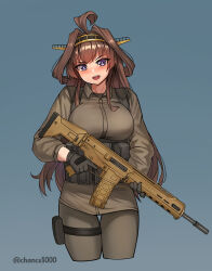 Rule 34 | 1girl, absurdres, ahoge, alternate costume, battle rifle, blue background, breasts, brown hair, brown jacket, brown pants, chance8000, double bun, gloves, grey gloves, gun, hair bun, hairband, headgear, highres, holding, holding gun, holding weapon, jacket, kantai collection, kongou (kancolle), kongou kai ni (kancolle), large breasts, load bearing vest, long hair, long sleeves, looking at viewer, magazine (weapon), open mouth, pants, purple eyes, rifle, round teeth, solo, teeth, thigh strap, upper teeth only, very long hair, weapon