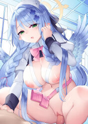 Rule 34 | 1girl, blue archive, blue hair, bow, bowtie, braid, clothed sex, cowgirl position, green eyes, halo, highres, large wings, long hair, maid, mine (blue archive), nipples, penis, pink bow, pink bowtie, sex, solo, straddling, twin braids, white wings, window, wings