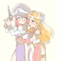 Rule 34 | 2girls, arm around waist, arms around waist, bare shoulders, blonde hair, blue eyes, blush, breasts, brown eyes, china dress, chinese clothes, cropped jacket, dress, facial mark, forehead mark, forte stollen, galaxy angel, gun, hakinikui kutsu no mise, handgun, hat, holding, holding weapon, long coat, long hair, looking back, military hat, monocle, multiple girls, pelvic curtain, ranpha franboise, red hair, revolver, side slit, sidelocks, simple background, sleeveless, sleeveless jacket, weapon, white background, yuri