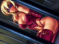 Rule 34 | 1girl, armbinder, arms behind back, bdsm, blindfold, blonde hair, breasts, cage, cleavage, collar, dia (six pieces), dutch angle, female focus, game cg, juraku, large breasts, latex, long hair, nervous, prison, seiza, sitting, six pieces, slave, solo, sweat, thighhighs