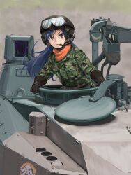 1girl active_protection_system armored_vehicle blue_hair breast_pocket brown_eyes camouflage camouflage_jacket emblem english_text female_focus gloves goggles goggles_on_headwear grey_background gun helmet highres idolmaster idolmaster_(classic) jacket japan_self-defense_force japan_steel_works_120 kisaragi_chihaya long_hair long_sleeves looking_at_viewer military military_combat_uniform military_uniform military_vehicle motor_vehicle omichi_(gutteli) open_mouth outdoors pocket signature soldier solo tank type_10_(tank) v-shaped_eyebrows weapon