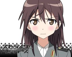 Rule 34 | 00s, 1girl, alternate hairstyle, blush, brown eyes, brown hair, gertrud barkhorn, hair down, long hair, solo, strike witches, wallpaper, world witches series