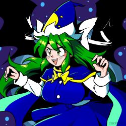 Rule 34 | 1girl, blue cape, blue capelet, blue hat, blue skirt, blue vest, bow, bowtie, breasts, cape, capelet, commentary, demon wings, english commentary, engrish commentary, green hair, hands up, hat, jaggy lines, large breasts, long hair, long sleeves, mima (touhou), quarium, skirt, solo, sun print, teeth, touhou, touhou (pc-98), triangle mouth, twitter username, upper teeth only, v-shaped eyebrows, vest, watermark, wings, wizard hat, yellow bow, yellow bowtie, yellow eyes