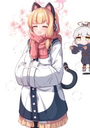 2girls :d absurdres animal_ear_headphones animal_ears black_coat black_pantyhose blonde_hair blue_archive blush brown_mittens chibi closed_eyes coat commentary_request earmuffs facing_viewer fake_animal_ears floating floral_background frilled_coat frills halo hands_in_opposite_sleeves hare_(blue_archive) headphones highres long_hair mittens momoi_(blue_archive) moyoron multiple_girls open_mouth pantyhose pink_scarf scarf shoes sidelocks simple_background smile solo_focus tail v-shaped_eyebrows white_background white_coat wide_sleeves