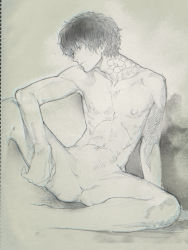 Rule 34 | 1boy, arm support, bandaid, graphite (medium), honya lala, looking to the side, male focus, no penis, nude, original, sitting, solo, spread legs, traditional media