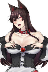 Rule 34 | 1girl, animal ears, bare shoulders, blouse, blush, breasts, brooch, brown hair, cleavage, collar, corset, dress, female focus, hands on own chest, highres, imaizumi kagerou, jewelry, large breasts, long hair, long sleeves, looking at viewer, nicutoka, off shoulder, open mouth, red eyes, red skirt, shirt, skirt, solo, tail, touhou, underbust, white shirt, wolf ears, wolf tail
