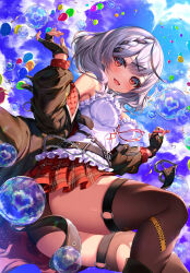 Rule 34 | 1girl, balloon, belt, black belt, black choker, black gloves, black hair, black jacket, black panties, black thighhighs, blue sky, blush, braid, breasts, camisole, caution tape, choker, cloud, fang, fingerless gloves, gloves, grey hair, hair ornament, heart belt, highres, hololive, jacket, large breasts, looking at viewer, medium hair, multicolored clothes, multicolored hair, multicolored jacket, niwatori (satoru0201), off shoulder, open mouth, panties, red eyes, red jacket, sakamata chloe, single braid, skin fang, sky, streaked hair, thighhighs, two-tone jacket, underwear, virtual youtuber, white camisole, x hair ornament