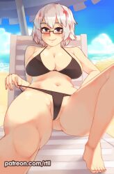 Rule 34 | 1girl, absurdres, barefoot, beach, beach umbrella, bikini, bikini pull, black bikini, blue eyes, blush, boku no hero academia, breasts, cleavage, closed mouth, clothes pull, glasses, highres, knee up, large breasts, looking at viewer, lying, multicolored hair, navel, outdoors, red hair, rtil, smile, solo, swimsuit, todoroki fuyumi, umbrella, white hair