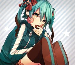 Rule 34 | 1girl, blue hair, candy, chocolate, chocolate heart, ene (kagerou project), facial mark, food, food in mouth, frilled skirt, frills, hair ornament, hair ribbon, headphones, heart, heart-shaped pupils, hood, hoodie, jacket, kagerou project, long hair, looking at viewer, nanase09rr, oversized clothes, pleated skirt, ribbon, shirt, short hair, skirt, solo, sweets, symbol-shaped pupils, thighhighs, thighs, track jacket, tress ribbon, twintails, yellow eyes