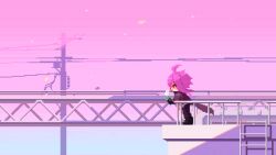 Rule 34 | 1boy, absurdres, ahoge, animated, animated gif, black footwear, black gloves, blinking, brown footwear, cape, chinese commentary, closed mouth, commentary request, flower, gloves, grey shirt, highres, holding, holding flower, male focus, nijou ryuu, pink hair, pink sky, pixel art, power lines, purple cape, red eyes, saibou shinkyoku, shirt, sky, smile, solo, utility pole, white flower, wind, yuechu nana