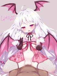 Rule 34 | absurdres, ahoge, babydoll, blush, censored, cowgirl position, dark-skinned male, dark skin, demon girl, demon wings, elbow gloves, fang, fishnet gloves, fishnet legwear, fishnets, girl on top, gloves, grey background, head wings, highres, lifting own clothes, lingerie, long hair, nasuuni, navel, open mouth, pink babydoll, pink wings, purple eyes, pussy juice, see-through, sex, silver hair, simple background, soulworker, stella unibell, straddling, thighhighs, underwear, very long hair, white hair, wings