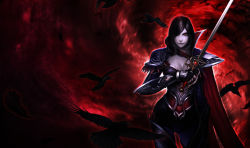 Rule 34 | 1girl, alternate costume, alternate eye color, alternate hair color, armor, bird, black hair, breastplate, breasts, cape, cleavage, cowboy shot, crow, dark-skinned female, dark skin, fingerless gloves, fiora (league of legends), gem, gloves, goth fashion, greaves, hair over one eye, holding, holding weapon, league of legends, lips, looking at viewer, nightraven fiora, official art, pale skin, pauldrons, rapier, red eyes, red theme, shoulder armor, solo, sword, vambraces, weapon