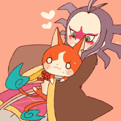 Rule 34 | 10s, blush, cat, chiyoko (oman1229), flame-tipped tail, heart, japanese clothes, jibanyan, jorougumo (youkai watch), multiple tails, notched ear, simple background, sweat, tail, traditional youkai, two tails, youkai watch