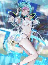 Rule 34 | 1girl, aqua hair, bare shoulders, blurry, blurry background, braid, breasts, cassius (phantom of the kill), chigusa minori, collarbone, commentary request, feet out of frame, gradient hair, headphones, high heels, highleg, highleg panties, highres, jacket, light blush, light particles, long hair, long sleeves, looking at viewer, medium breasts, micro shorts, multicolored hair, navel, panties, parted lips, phantom of the kill, pink hair, see-through, see-through jacket, shirt, shorts, solo, stomach, twin braids, underboob, underwear, white footwear, white shirt, yellow eyes