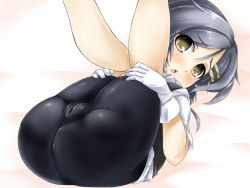 Rule 34 | 10s, 1girl, ansui (happycore), ass, bike shorts, black hair, blush, cameltoe, cleft of venus, gloves, hair ornament, hairclip, kantai collection, kuroshio (kancolle), legs, legs up, lying, on back, open mouth, school uniform, shiny clothes, shiny skin, short hair, solo, yellow eyes