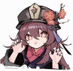 Rule 34 | 1girl, absurdres, black hat, black nails, brown hair, error1980, eyes visible through hair, flower, flower-shaped pupils, genshin impact, hat, hat flower, hat ornament, highres, hu tao (genshin impact), long hair, long sleeves, looking at viewer, multicolored clothes, nail polish, sidelocks, simple background, solo, symbol-shaped pupils, tongue, tongue out, upper body, white background