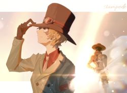 Rule 34 | 2boys, adjusting headwear, arm belt, black gloves, black headwear, blonde hair, formal, gloves, goggles, goggles on headwear, hand up, hat, highres, kuromame grimm, long sleeves, male focus, multiple boys, necktie, one piece, portgas d. ace, sabo (one piece), scar, suit, tattoo, top hat