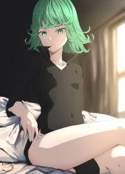 Rule 34 | 1girl, bed sheet, black dress, blurry, blurry background, breasts, closed mouth, collarbone, commentary, covered erect nipples, covered navel, crossed legs, curtains, dress, english commentary, green eyes, green hair, highres, keihh, one-punch man, short dress, short hair, side slit, sitting, small breasts, tatsumaki, taut clothes, taut dress, thighs, window