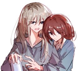 2girls beer_can blue_eyes blue_sweater brown_hair can closed_mouth collared_shirt dress_shirt drink_can girls_band_cry grey_eyes grey_hair grey_hoodie hair_between_eyes hibioes holding holding_can hood hood_down hoodie iseri_nina kawaragi_momoka long_hair long_sleeves medium_hair multiple_girls open_mouth shirt sidelocks simple_background sweatdrop sweater teeth upper_body white_background white_shirt