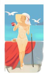Rule 34 | beach, bird, blonde hair, breasts, cane, flat chest, food, highres, knees together feet apart, moitasart, nipples, nude, original, small breasts, thighs