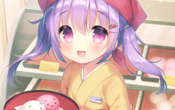 Rule 34 | 1girl, :d, blush, commentary request, food, hair between eyes, hair ornament, hairclip, head scarf, heart, heart hair ornament, holding, holding tray, indoors, japanese clothes, kimono, long hair, looking at viewer, open mouth, original, purple eyes, purple hair, sidelocks, smile, solo, tray, twintails, upper body, usashiro mani, yellow kimono