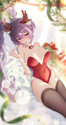 Rule 34 | 1girl, absurdres, alternate costume, animal ears, antlers, armpit crease, bed sheet, bell, black thighhighs, blurry, blurry background, blush, box, breasts, choker, christmas, christmas present, cleavage, commentary request, covered navel, cowboy shot, dutch angle, fake animal ears, fake antlers, fur choker, genshin impact, gift, gift box, green ribbon, hair between eyes, hand on own thigh, hand up, highleg, highleg leotard, highres, horns, jingle bell, keqing (genshin impact), large breasts, leaf, leotard, long hair, looking at viewer, looking to the side, lying, meisansan, nail polish, neck bell, on back, parted lips, purple eyes, purple hair, purple nails, red leotard, red ribbon, ribbon, sidelocks, snowflakes, solo, strapless, strapless leotard, thighhighs, thighs, twintails, very long hair, white choker, white wrist cuffs, wrist cuffs