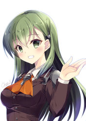 Rule 34 | 10s, 1girl, ascot, blazer, breasts, commentary request, green eyes, green hair, hair between eyes, hair ornament, hairclip, jacket, kantai collection, kobayashi chisato, long hair, long sleeves, looking at viewer, medium breasts, school uniform, simple background, smile, solo, suzuya (kancolle), upper body