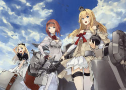 Rule 34 | 3girls, :d, ark royal (kancolle), arrow (projectile), blonde hair, blue eyes, blue sailor collar, blunt bangs, bob cut, bow (weapon), braid, brown gloves, cleavage cutout, clothing cutout, corset, cowboy shot, crown, dress, fingerless gloves, flower, french braid, garter straps, globus cruciger, gloves, gluteal fold, hair between eyes, hairband, hat, highres, holding, holding suitcase, jervis (kancolle), jewelry, kantai collection, konishi (koconatu), long hair, long sleeves, luggage, machinery, mini crown, multiple girls, necklace, off-shoulder dress, off shoulder, official art, open mouth, overskirt, pantyhose, peaked cap, red flower, red hair, red ribbon, red rose, ribbon, rose, sailor collar, sailor dress, sailor hat, scan, scan artifacts, scepter, short hair, shorts, sky, smile, suitcase, thighhighs, throne, tiara, tilted headwear, tsurime, turret, warspite (kancolle), weapon, white corset, white dress, white gloves, white headwear, white legwear, white shorts