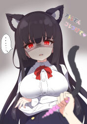 Rule 34 | 1girl, absurdres, animal ears, atre, black hair, breasts, cat ears, fake animal ears, fang, highres, jashin-chan dropkick, large breasts, long hair, open mouth, red eyes, simple background, ydayluca