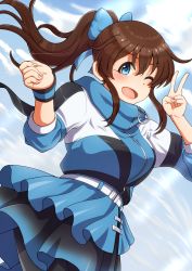 Rule 34 | 1girl, ;d, belt, blue eyes, blue jacket, bow, breasts, brown hair, cloud, cloudy sky, cowboy shot, dutch angle, enjoyful! (&amp;joyful!), hair bow, highres, idolmaster, idolmaster million live!, idolmaster million live! theater days, jacket, kaberiemate, long hair, looking at viewer, medium breasts, one eye closed, open mouth, pantyhose, ponytail, satake minako, sky, smile, solo, v