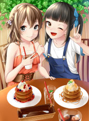 Rule 34 | 2girls, ;d, black eyes, black hair, blue bow, bow, braid, brown eyes, brown hair, collarbone, cup, day, dress, drinking glass, drinking straw, flower, food, french braid, hair bow, hair flower, hair ornament, highres, holding, holding cup, long hair, looking at viewer, multiple girls, one eye closed, open mouth, original, outdoors, overalls, pancake, red dress, rukinya (nyanko mogumogu), shirt, short sleeves, sleeveless, sleeveless dress, smile, twintails, v, w, white flower, white shirt
