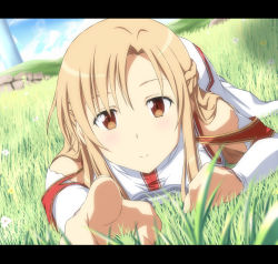 Rule 34 | 10s, 1girl, armor, asuna (sao), bare shoulders, braid, brown eyes, brown hair, day, dutch angle, flower, foreshortening, grass, letterboxed, long hair, looking at viewer, lying, nori tamago, on stomach, outstretched arm, pointing, pointing at viewer, pov, sky, smile, solo, sword art online