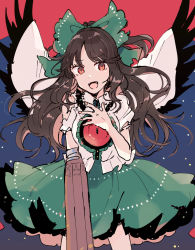 Rule 34 | 1girl, black wings, bow, brown hair, cape, commentary request, control rod, cowboy shot, fangs, feathered wings, green bow, green skirt, hair bow, hand up, highres, looking at viewer, mozukuzu (manukedori), open mouth, red background, red eyes, reiuji utsuho, shirt, short sleeves, simple background, skirt, smile, solo, starry sky print, third eye, torn clothes, torn sleeves, touhou, two-sided cape, two-sided fabric, white cape, white shirt, wings