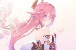 Rule 34 | 1girl, animal ears, back bow, bare shoulders, black bow, blush, bow, breasts, cherry blossoms, detached sleeves, ear piercing, fox ears, from behind, genshin impact, hair between eyes, highres, japanese clothes, long hair, long sleeves, looking at viewer, looking back, magatama, medium breasts, parted lips, parufeito, piercing, pink hair, sideboob, smile, solo, upper body, very long hair, wide sleeves, yae miko