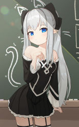 Rule 34 | absurdres, auuufox, bare shoulders, black bow, black shirt, black skirt, blue eyes, bow, chalkboard, closed mouth, cowboy shot, detached sleeves, expressionless, frilled skirt, frilled sleeves, frills, garter straps, hair between eyes, hair bow, hand up, highres, leaning forward, long hair, long sleeves, looking at viewer, off-shoulder shirt, off shoulder, original, pleated skirt, pointy ears, shirt, sidelocks, silver hair, skirt, standing, straight hair, thighhighs, very long hair, zettai ryouiki