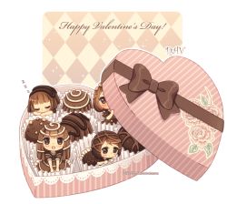 Rule 34 | 4girls, :d, argyle, artist name, blush, bow, box, box of chocolates, brown bow, brown dress, brown eyes, brown hair, chibi, chocolate, closed eyes, closed mouth, dav-19, diagonal stripes, dress, embarrassed, floral print, food-themed clothes, frilled dress, frills, happy valentine, heart-shaped box, holding, lace background, long hair, looking at viewer, looking away, multiple girls, open mouth, original, peeking out, personification, puffy short sleeves, puffy sleeves, rose print, short hair, short sleeves, sleeping, smile, striped, transparent background, watermark, web address, zzz