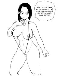 Rule 34 | 1girl, absurdres, alternate hairstyle, boku no hero academia, breasts, collarbone, english text, hand on own chest, highres, large breasts, looking at viewer, mf uncen, monochrome, navel, nipples, short hair, sketch, slingshot swimsuit, smile, solo, speech bubble, stomach, swimsuit, thighs, white background, yaoyorozu momo