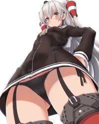 Rule 34 | 1girl, amatsukaze (kancolle), black panties, blush, breasts, buttons, chromatic aberration, closed mouth, commentary, dd (ijigendd), dress, from below, garter straps, hair tubes, highres, kantai collection, long hair, long sleeves, orange eyes, panties, red thighhighs, sailor collar, sailor dress, see-through, side-tie panties, silver hair, simple background, small breasts, solo, thighhighs, two side up, underwear, white background