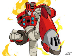 Rule 34 | 1boy, android, armor, black eyes, bodysuit, breastplate, clenched hand, commentary request, fire, flames, foot out of frame, grey bodysuit, hands up, joints, leg up, male focus, mega man (classic), mega man (series), mega man 11, no mouth, red armor, robot, robot ears, robot joints, shoulder armor, simple background, solo, solo focus, standing, torch, torch man, vambraces, wenyu, white background