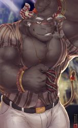 Rule 34 | 1boy, absurdres, animal ears, bara, brown fur, bulge, bursting pectorals, censored, chinese zodiac, come hither, cow ears, cow horns, cow tail, facial hair, furry, furry male, gift, goatee, gyumao (housamo), highres, horns, large pectorals, male focus, mature male, minotaur, mohawk, muscular, muscular male, new year, pectoral cleavage, pectorals, red hair, renoky, scar, scar on face, scar on nose, seductive smile, short hair, smile, solo, tail, tokyo houkago summoners, year of the ox