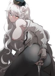 Rule 34 | absurdres, after vaginal, aftersex, animal ears, arknights, bear ears, bear girl, cum, cumdrip, ernest (user yxnx5882), highres, non-web source, rosa (arknights), simple background, torn clothes, torn legwear, white background, white hair
