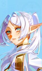 Rule 34 | 1eternalstar, absurdres, blue eyes, blue sky, capelet, earrings, elf, floating earring, frieren, gold, grey hair, highres, jewelry, parted bangs, pointy ears, portrait, sky, smile, sousou no frieren, twintails, white capelet, wind