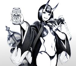 Rule 34 | 1girl, :d, alcohol, asahi breweries, beer, beer can, black hair, breasts, can, cape, cup, drink, drink can, fate/grand order, fate (series), food, fruit, gourd, grapes, greyscale, highres, horns, japanese clothes, monochrome, navel, nobita (makoto7060355), oni, open clothes, open mouth, sakazuki, shuten douji (fate), sketch, skin-covered horns, small breasts, smile, solo, traditional media