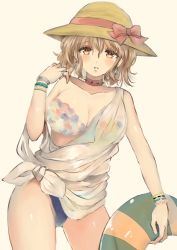 Rule 34 | 1girl, bad id, bad nicoseiga id, bow, bracelet, breasts, brown eyes, brown hair, commentary request, cowboy shot, earrings, eroriru, hair between eyes, hat, hat bow, innertube, jewelry, large breasts, looking at viewer, original, parted lips, ring, shirt, short hair, simple background, solo, straw hat, swim ring, swimsuit, tied shirt, white background