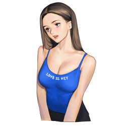 Rule 34 | 1girl, bare arms, blue camisole, breasts, brown hair, camisole, cleavage, covered navel, english text, grey eyes, highres, large breasts, long hair, original, parted lips, print camisole, rinotuna, shadow, simple background, solo, upper body, white background