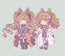 Rule 34 | 2girls, angelina (arknights), angelina (endfield) (arknights), animal ears, arknights, arknights: endfield, brown hair, chibi, closed mouth, coat, collar, commentary, fox ears, gloves, grey background, hairband, holding hands, jacket, long hair, long sleeves, looking to the side, multiple girls, open clothes, open coat, open jacket, orange eyes, pink hairband, shirt, shoes, shorts, sidelocks, smile, socks, souko nugget, sparkle, standing, symbol-only commentary, thighhighs, twintails, twitter username, white coat