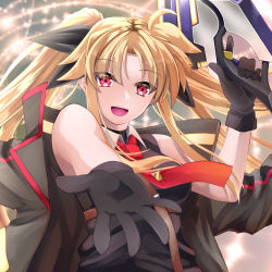 Rule 34 | 1girl, bardiche (nanoha), bare shoulders, black bow, black gloves, black jacket, black shirt, blonde hair, bow, breasts, collar, fate testarossa, gloves, jacket, long hair, looking at viewer, lyrical nanoha, mahou shoujo lyrical nanoha, medium breasts, necktie, red hair, red necktie, shirt, smile, solo, sougetsu izuki, teeth, tongue, trigger discipline, twintails, upper teeth only, white collar